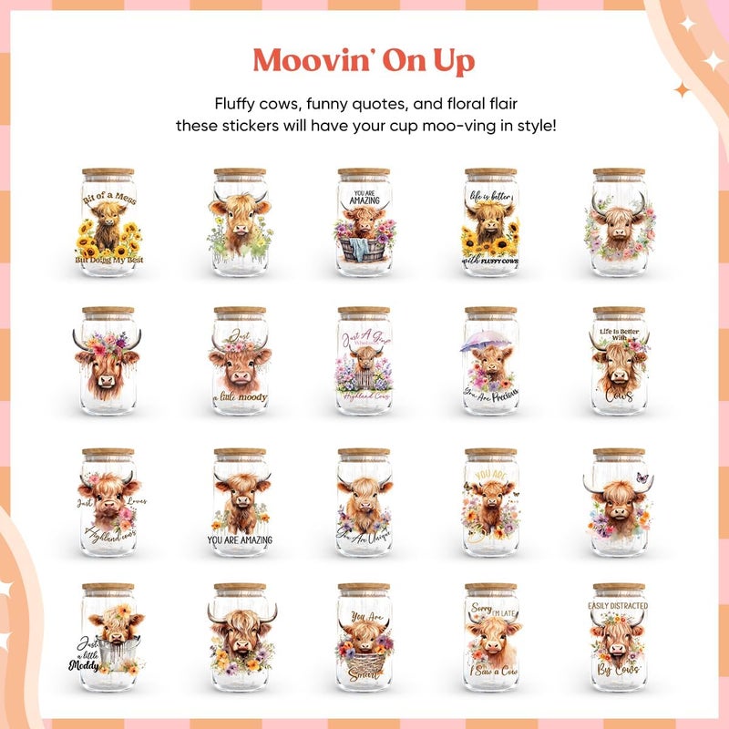 KACIOLA STUDIO Cow UV DTF Cup Wrap -20 Sheets Highland Cow Theme UV DTF Cup Wraps for 16 oz Glass Mugs Coffee, UV DTF Decals Waterproof Rub on Transfer Stickers DIY Mug Glasses Crafting - Image 2